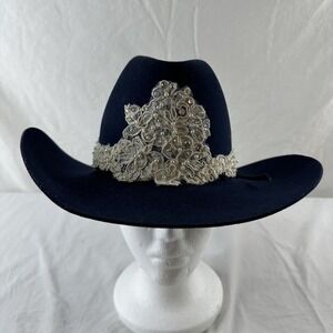 Vtg American Hat Company Co Cowboy Hat Sz 7 Maxi-felt Navy Blue Wedding Appliqué